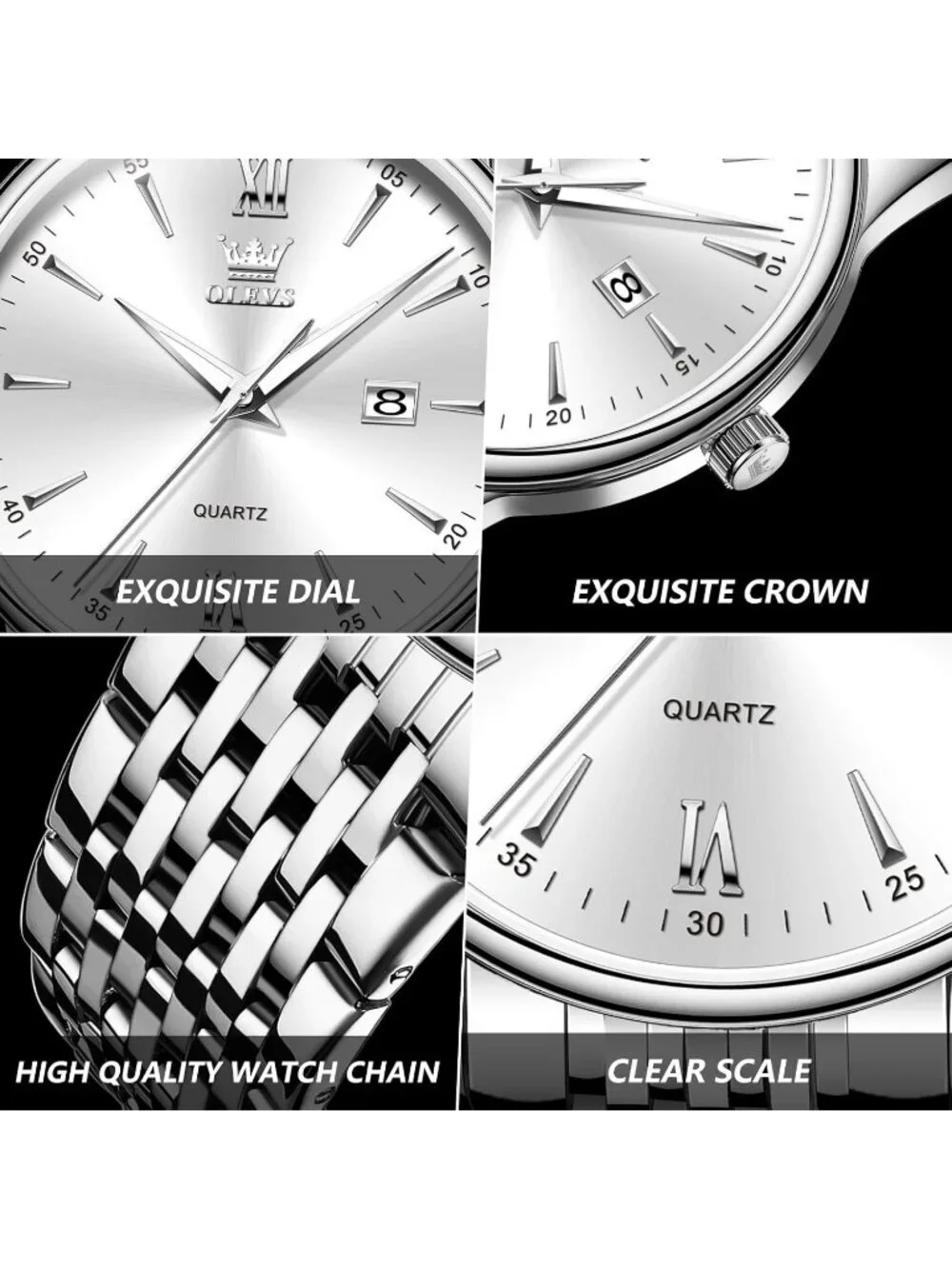 Men's Silver Stainless Steel Band Waterproof Roman Numbers Round Classic Watch